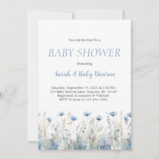 Invitación Watercolor Dusty Blue Floral Baby Shower