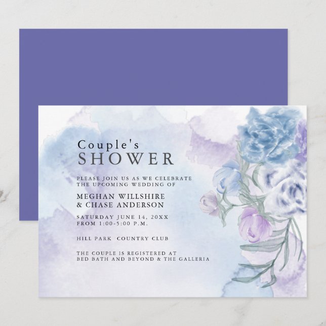 Invitación Watercolor Dusty Blue Floral Shower (Anverso / Reverso)