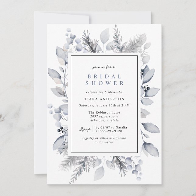 Invitación Watercolor Dusty Blue Gray Winter Shower (Anverso)