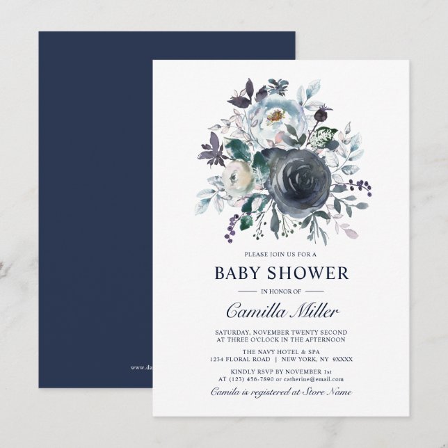 Invitación Watercolor Dusty Blue Navy Floral Baby Shower (Anverso / Reverso)