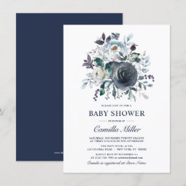 Invitación Watercolor Dusty Blue Navy Floral Baby Shower