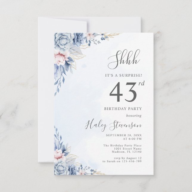 Invitación Watercolor Dusty Blue Surprise 43ª fiesta de cumpl (Anverso)