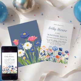 Invitación Watercolor Dusty Blue Wildflower Baby in Bloom 