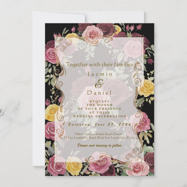 Invitación Watercolor Dusty Burgundy Yellow Roses/BlackFlat (Anverso)