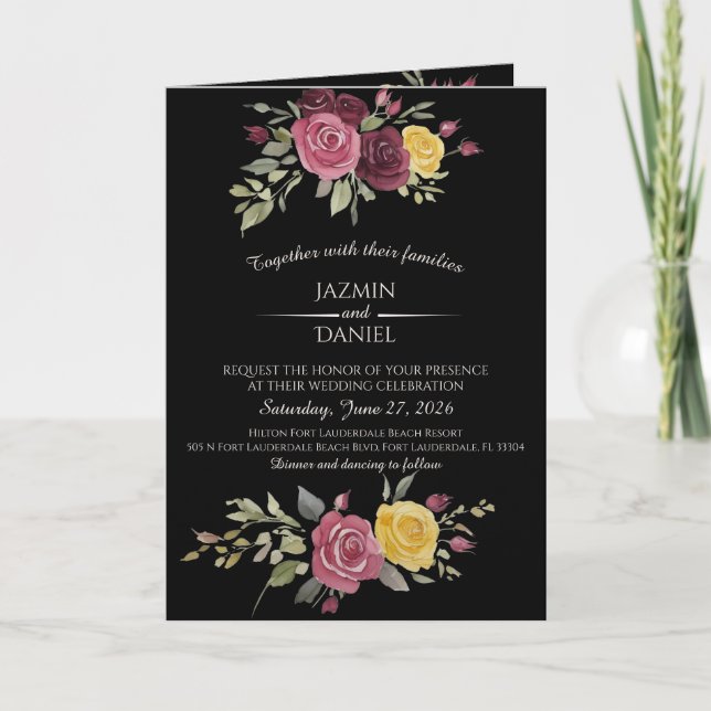 Invitación  Watercolor  Dusty Country Burgundy Roses On Black (Anverso)