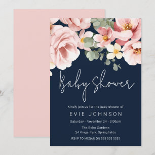 Invitación Watercolor Dusty Rosa Navy Baby Shower
