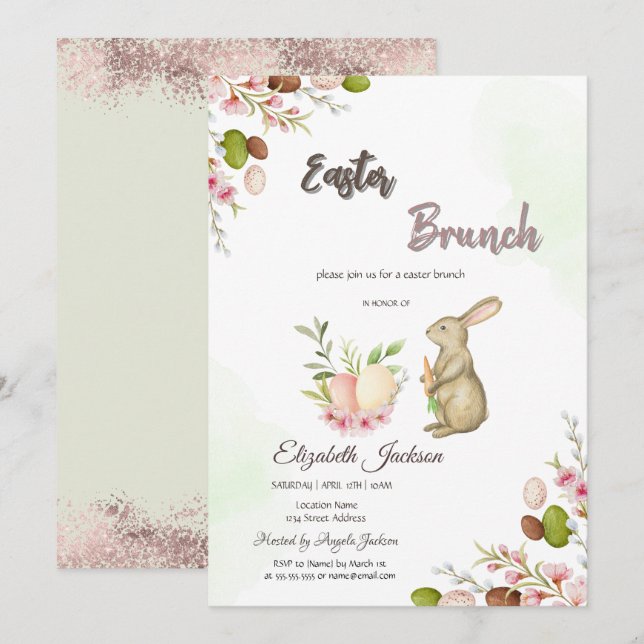 Invitación Watercolor Eags Bunny Easter Brunch & Bubbly (Anverso / Reverso)
