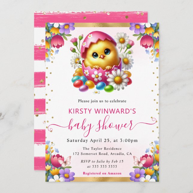 Invitación Watercolor Easter Chick Spring Flowers Baby Shower (Anverso / Reverso)