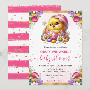Invitación Watercolor Easter Chick Spring Flowers Baby Shower