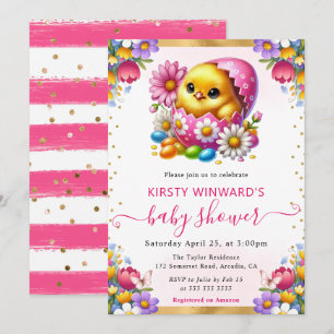 Invitación Watercolor Easter Chick Spring Flowers Baby Shower