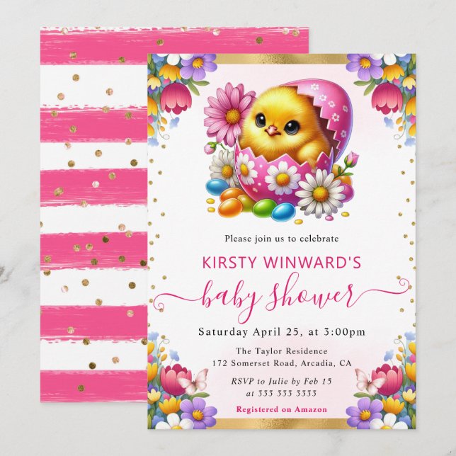Invitación Watercolor Easter Chick Spring Flowers Baby Shower (Anverso / Reverso)