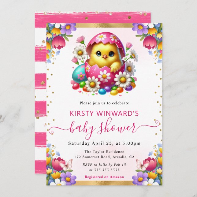Invitación Watercolor Easter Chick Spring Flowers Baby Shower (Anverso / Reverso)