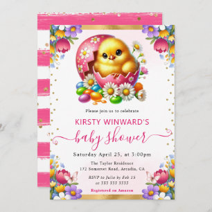 Invitación Watercolor Easter Chick Spring Flowers Baby Shower