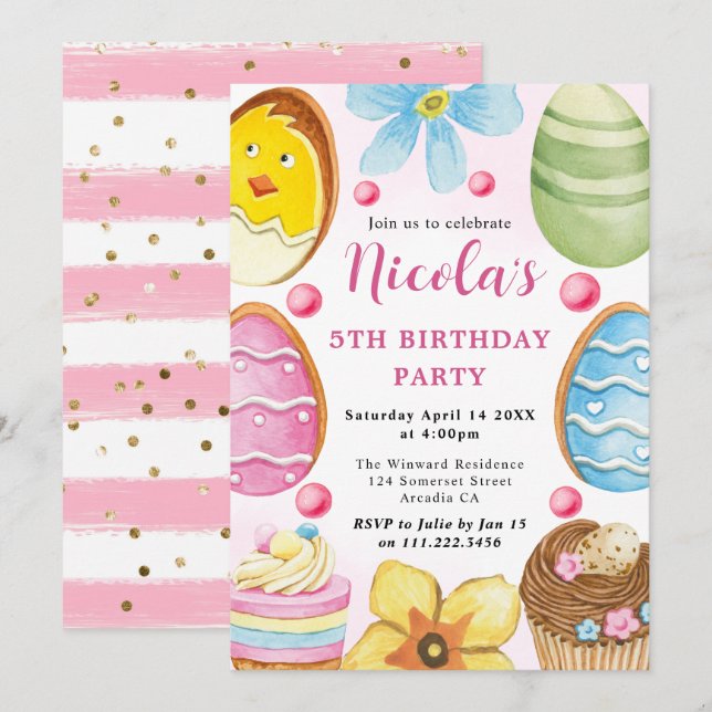 Invitación Watercolor Easter Cookie 5° cumpleaños (Anverso / Reverso)