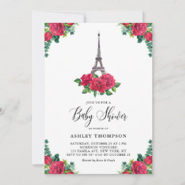 Invitación Watercolor Eiffel Tower Red Rose Paris Baby Shower