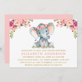 Invitación Watercolor Elefante Floral Rosa Baby Shower Gold