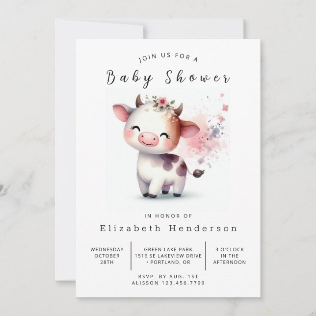Invitación Watercolor Elegante Baby Shower Cow Moderno (Anverso)