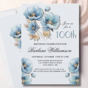 Invitación Watercolor Elegante Blue Gold Floral 100 cumpleaño