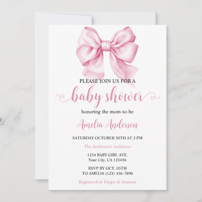Invitación Watercolor Elegante Bow Coquette Rosa Baby Shower (Anverso)