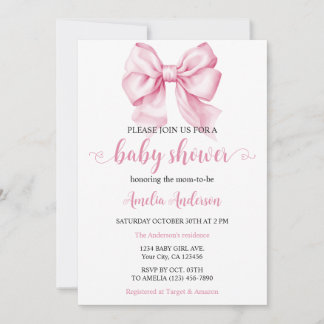 Invitación Watercolor Elegante Bow Coquette Rosa Baby Shower