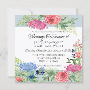 Invitación Watercolor Elegante Floral Azul y Hojas de Fern Ro