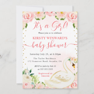 Invitación Watercolor Elegante Floral Swan Baby Shower