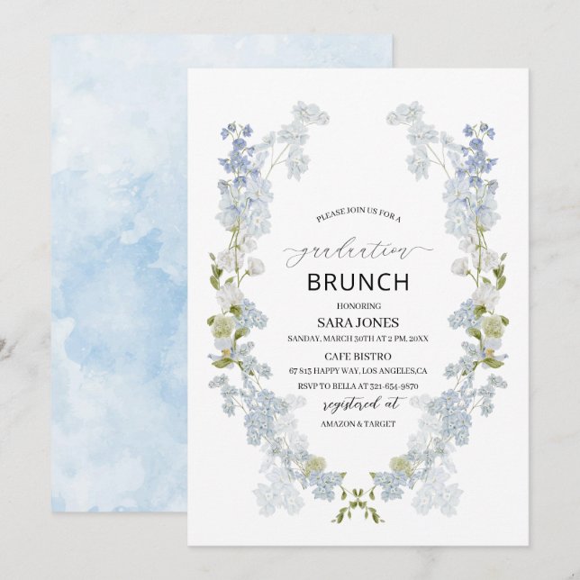 Invitación Watercolor Elegante flores azules Brunch (Anverso / Reverso)