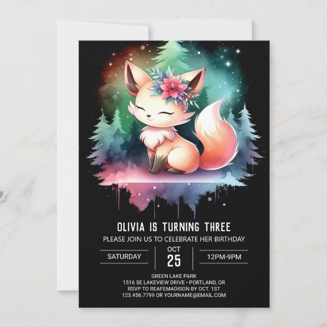 Invitación Watercolor Elegante Fox Birthday digital (Anverso)