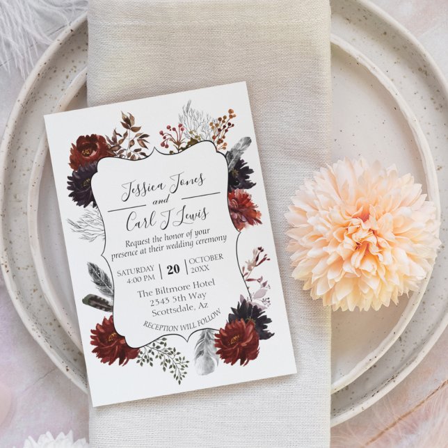 Invitación Watercolor Elegante Halloween Floral Boho Burgundy (Subido por el creador)