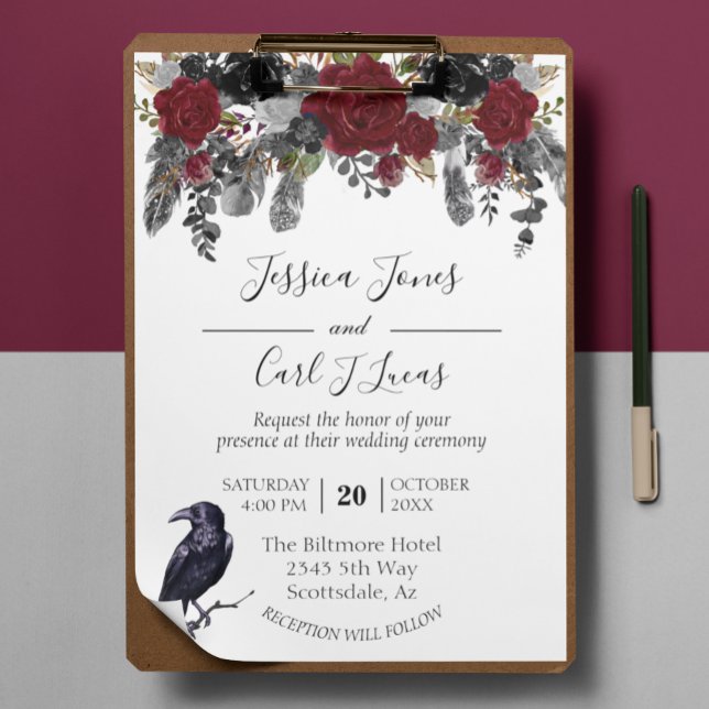 Invitación Watercolor Elegante Halloween Floral Crow Feather  (Subido por el creador)
