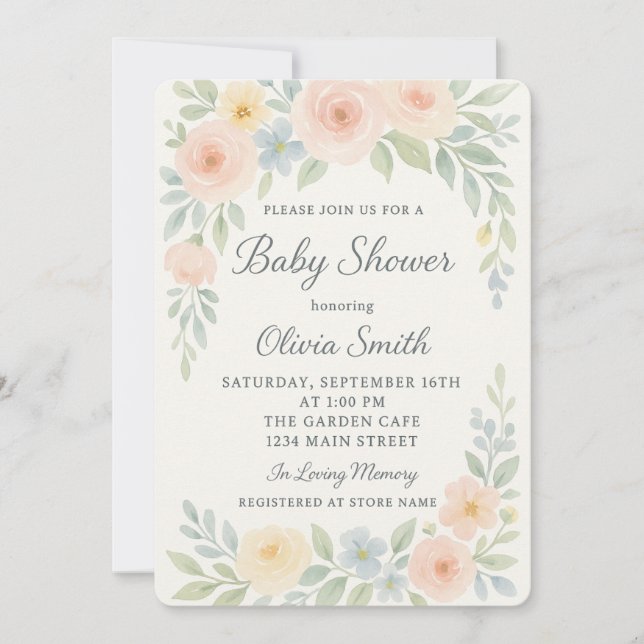 Invitación Watercolor Elegante Pastel Floral Baby Shower (Anverso)