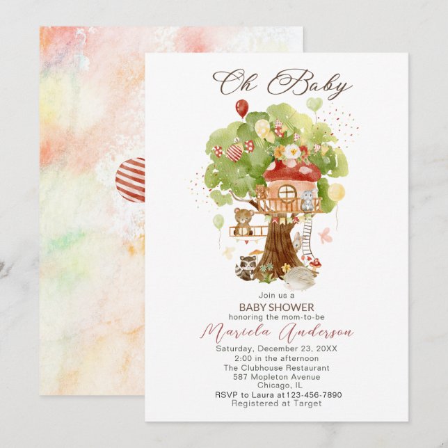 Invitación Watercolor Elegante Woodland Fiesta Baby Shower (Anverso / Reverso)