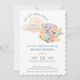 Invitación Watercolor Elephant Airplane Boy Invitation