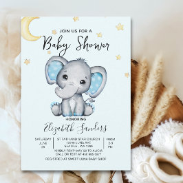 Invitación Watercolor Elephant Baby Shower Boy, Blue and Gray