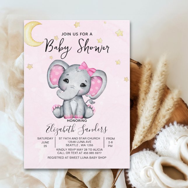 Invitación Watercolor Elephant Baby Shower Girl Pink (Subido por el creador)