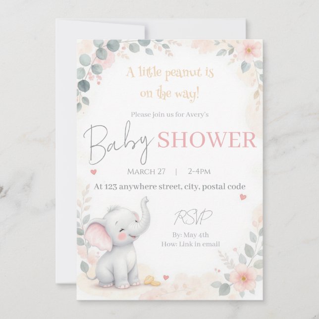 Invitación Watercolor Elephant Baby Shower Invitation (Anverso)