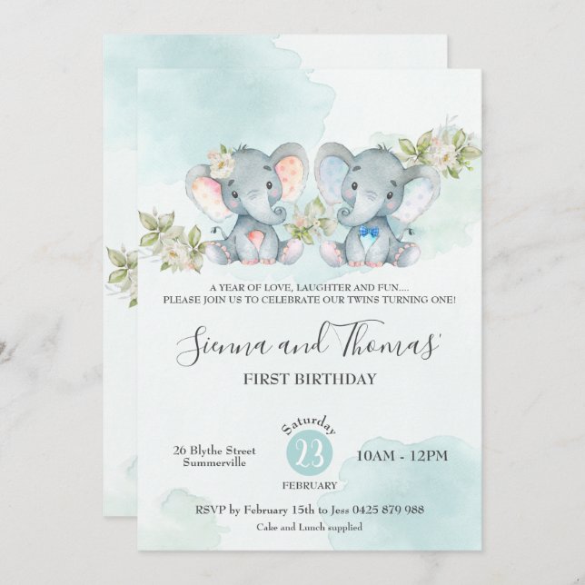 Invitación Watercolor Elephant Chica del niño gemelo