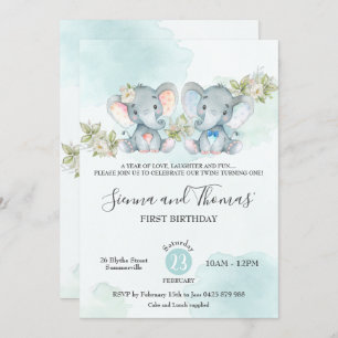 Invitación Watercolor Elephant Chica del niño gemelo