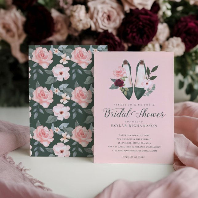 Invitación Watercolor Esmeralda Alta Hebilla Floral Bridal Sh (Watercolor Emerald High Heel Floral Bridal Shower Invitation)