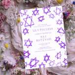 Invitación Watercolor Estrella morada de David Bar Bat Mitzva<br><div class="desc">Perfecta tarjeta de diversión para anunciar un mitzvah murciélago, bar mitzvah u otra celebración judía! Hand hizo arte acuarela por ti en la parte delantera y trasera. ¡TODO PERSONALIZABLE! Haga clic en "Personalizar" para editar el texto. Haga clic en "editar usando la herramienta de diseño" para ajustar las fuentes, colores...</div>