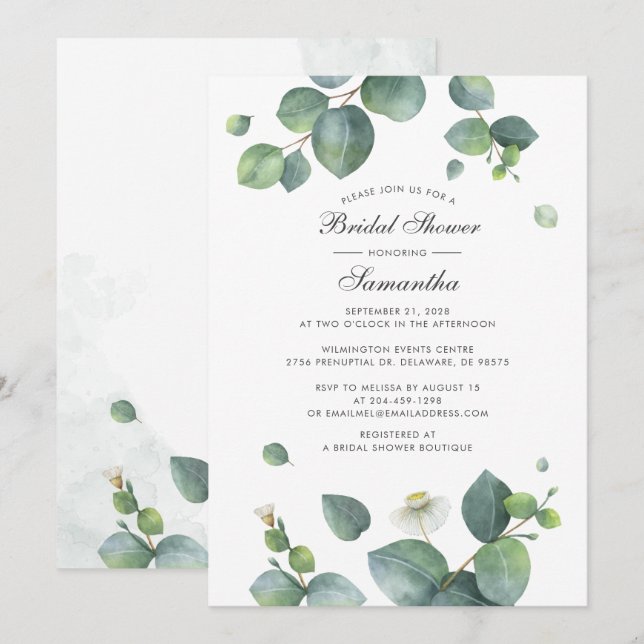 Invitación Watercolor Eucaliptus Botánico Ducha Bridal (Anverso / Reverso)