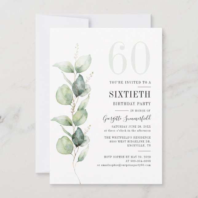 Invitación Watercolor Eucalyptus 60ª fiesta de cumpleaños (Anverso)