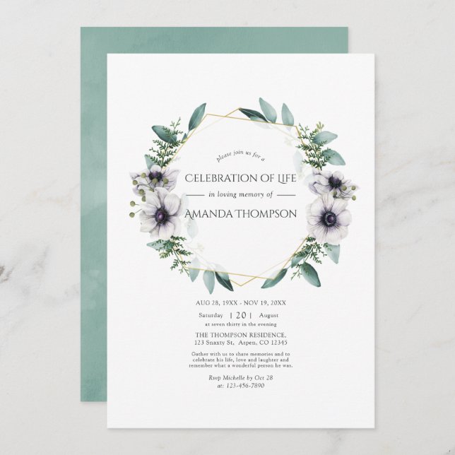 Invitación Watercolor Eucalyptus Anemone Celebración de la Vi (Anverso / Reverso)