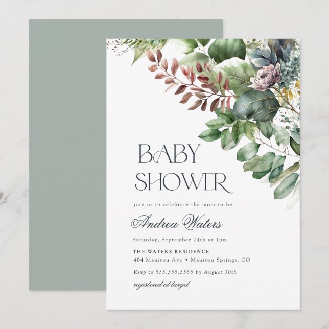 Invitación Watercolor Eucalyptus Baby Shower Botánico (Anverso / Reverso)