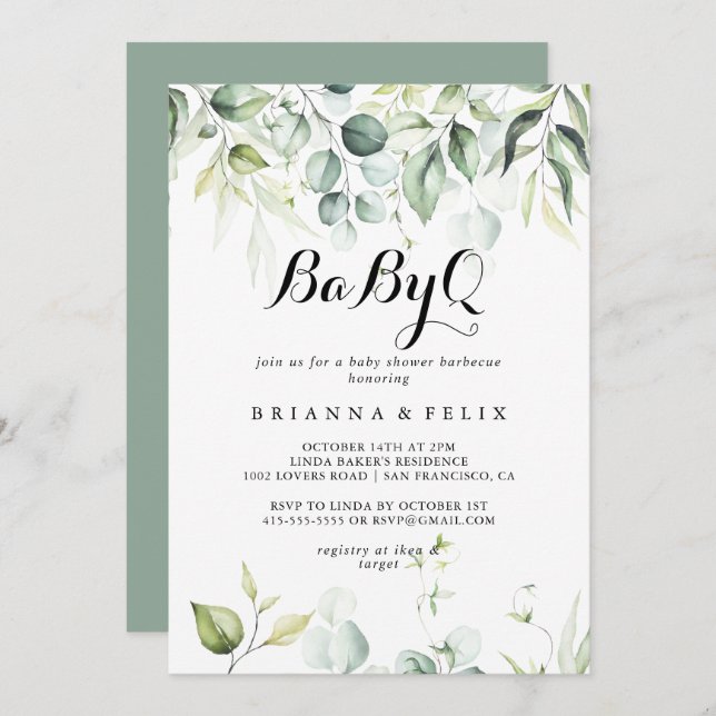 Invitación Watercolor Eucalyptus BabyQ Baby Shower Barbecue (Anverso / Reverso)