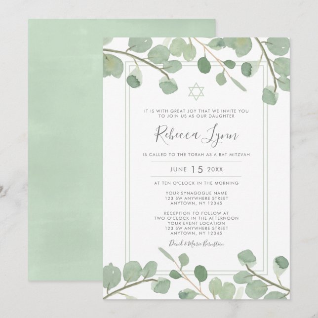 Invitación Watercolor Eucalyptus Bat Mitzvah (Anverso / Reverso)
