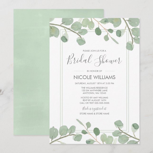 Invitación Watercolor Eucalyptus Bridal Shower (Anverso / Reverso)