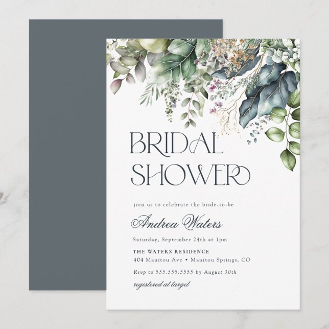 Invitación Watercolor Eucalyptus Ducha Botánica Bridal (Anverso / Reverso)