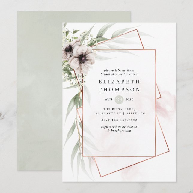 Invitación Watercolor Eucalyptus Ducha de novia geométrica (Anverso / Reverso)