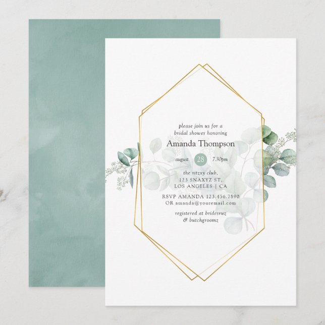 Invitación Watercolor Eucalyptus Ducha de novia geométrica (Anverso / Reverso)